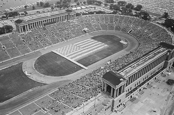10,000 sailors from the Great Lakes Naval Training Center form a 'living flag' at Soldier Field (ST-10002995-0011)