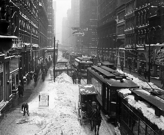 West Madison Street looking from North Wells Street during a snowstorm.