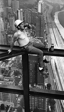 Construction worker takes a break on the steel beams of the John Hancock Building (ST-17500909)
