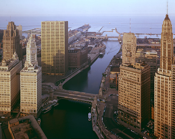 Chicago River and surrounding buildings near Michigan Aveue Bridge (HBSN-00827-C2A)